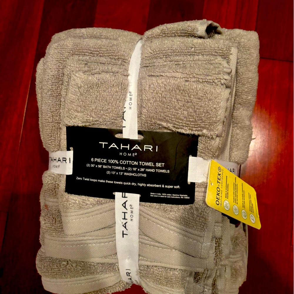 BRAND NEW WITH TAGS TAHARI HOME 6 PIECE 100% COTTON TOWEL SET GRAY
